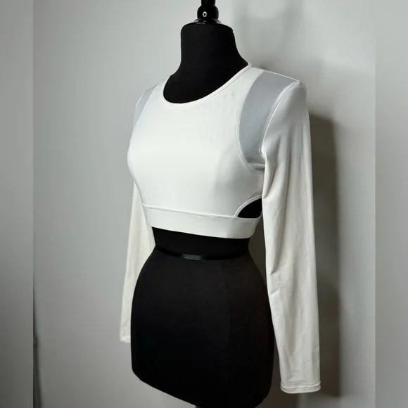 ROBERTO CAVALLI White Long Sleeve Sports Bra Mesh Cut Outs Criss Cross Stretch
